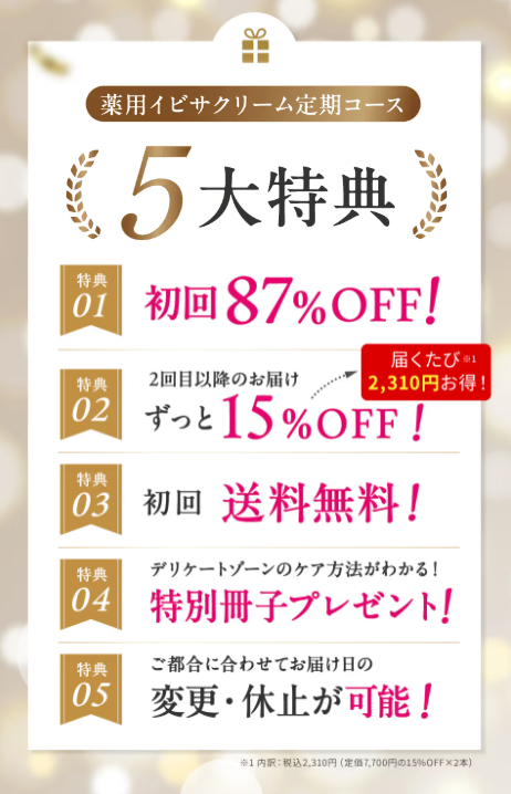 イビサクリーム公式LPの集中ケアコース特典とセット内容