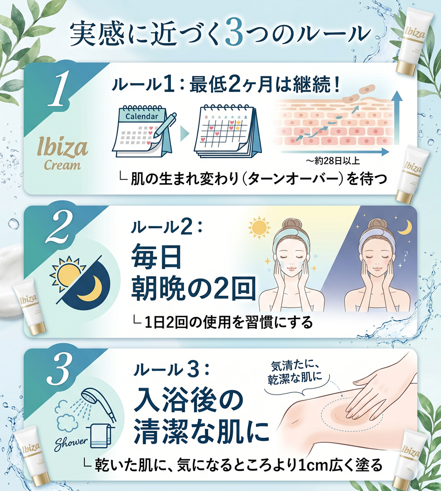 イビサクリームの効果実感に近づくための3つのルールを図解。最低2ヶ月継続、朝晩2回、入浴後の清潔な肌に塗布